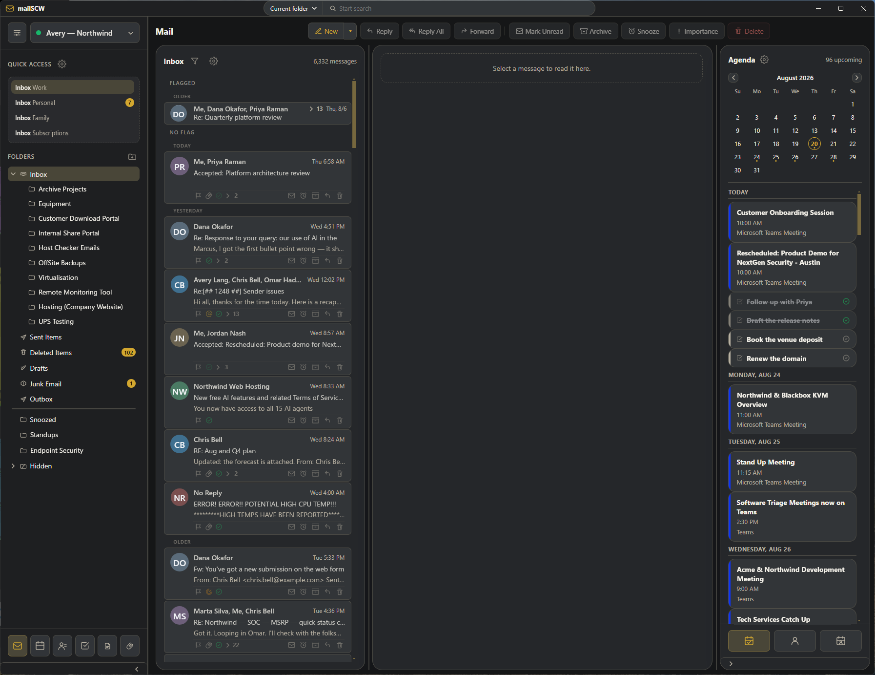 mailSCW mail view in comfortable density, showing folders, message list with previews, and the reading pane