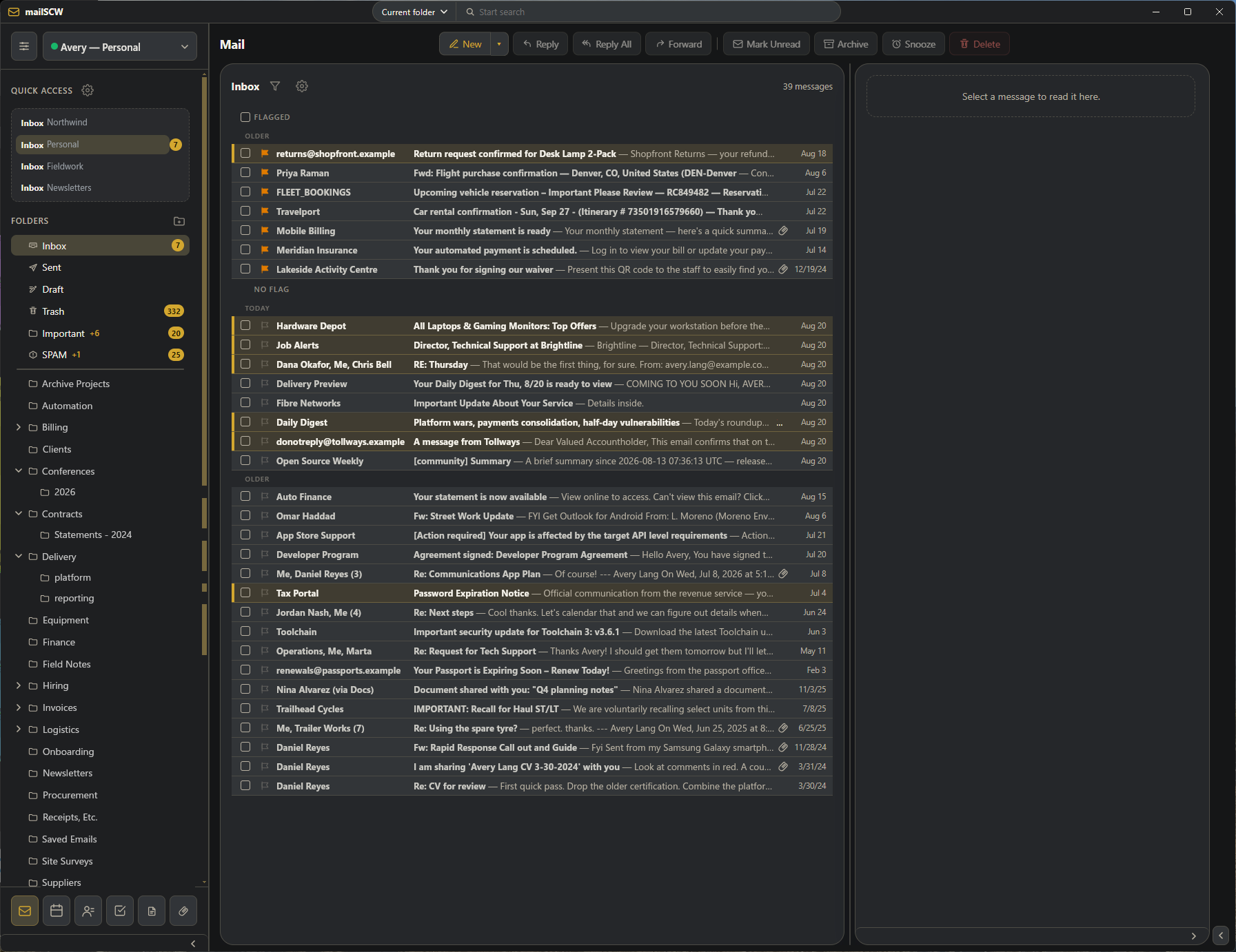 The same mailbox in compact density, fitting roughly three times as many rows on screen