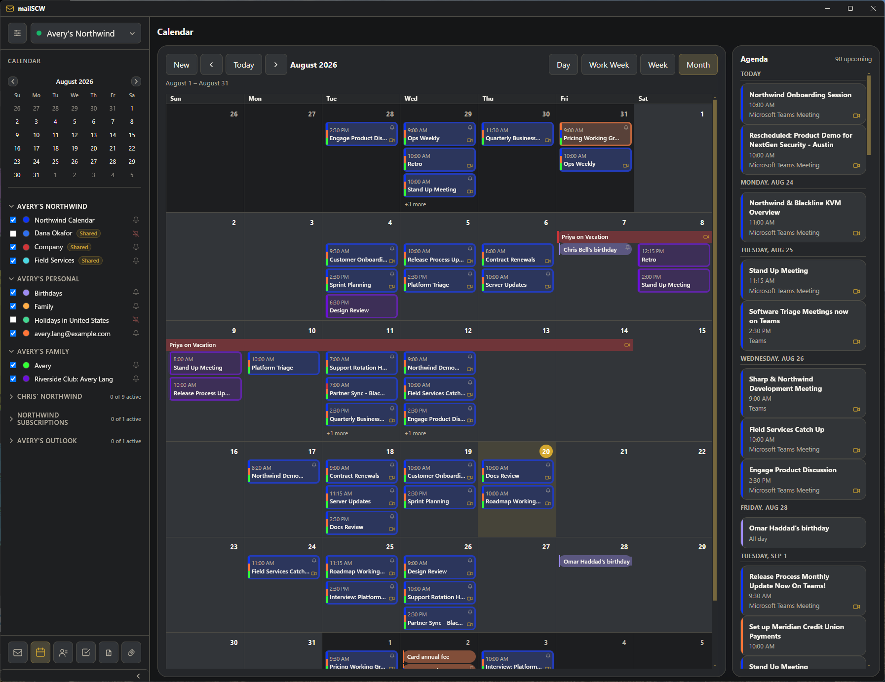 Month view with several accounts overlaid in one grid, each calendar in its own colour